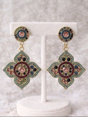 Boho Multicolor Rhinestone Dangle Earrings Gold Tone Statement
